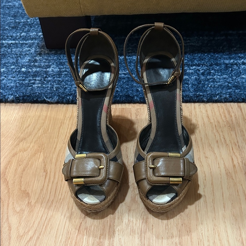 Burberry Brown and Black Wedge Sandals